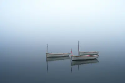 Drei Boote liegen im dichten Nebel auf einem See.
